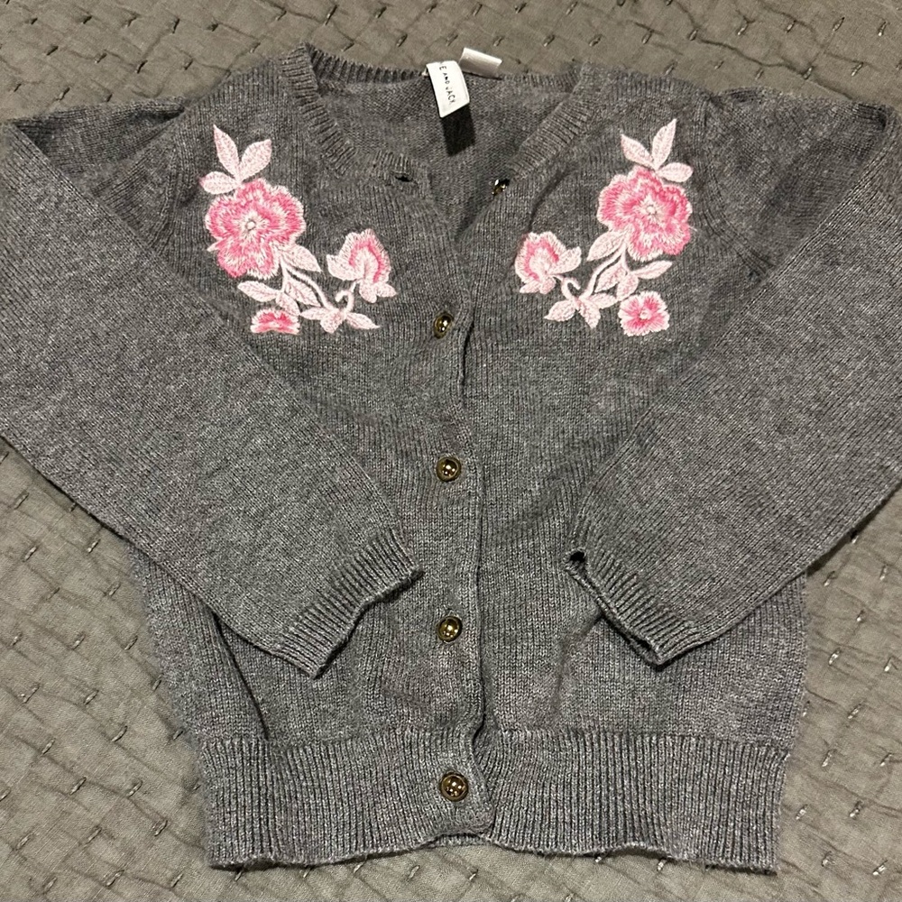 Janie and Jack Gray Cardigan with Pink Floral Details
